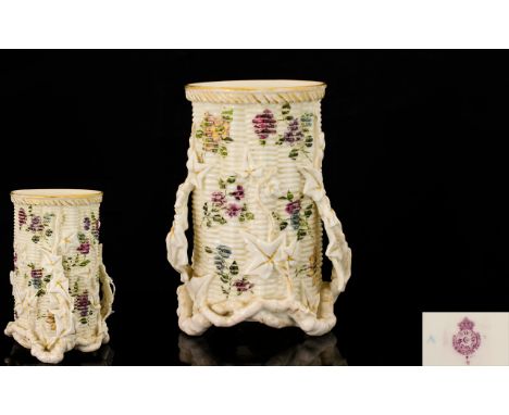 Royal Worcester Handpainted Naturalistic Three handled Spill Vase - Floral Images on Cream ground. Date 1917. Royal Worcester