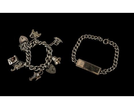 Sterling Silver Albert Chain Loaded with 8 Good Silver Charms. All Marked for Silver + a Silver to Bracelet. Fully Marks for 