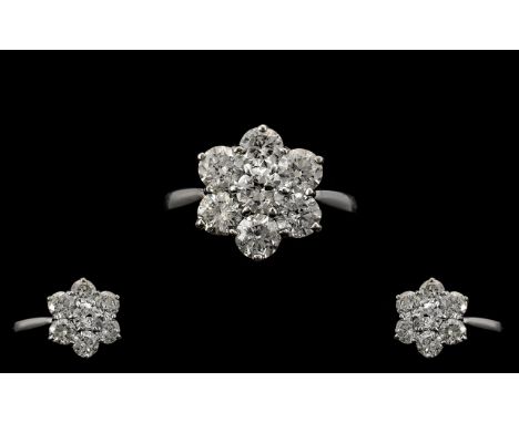 18ct White Gold Superb Quality Diamond Set Cluster Ring. Flowerhead setting with modern round brilliant cut Diamonds of top c