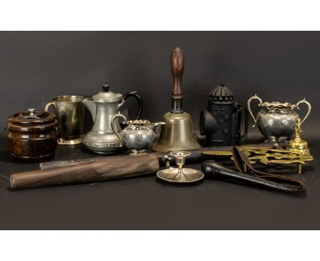A Box of Interesting Oddments and Curios to include a hand club, a cosh, leather hand bell, old lantern, pewter etc
