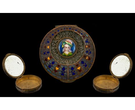 19th Century French Enamel Compact. Lovely 19th century decorated enamel compact, diameter 5.5 cm, please see accompanying im