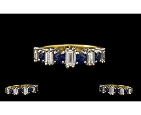 18ct Yellow Gold Attractive Baguette Cut Diamond and Sapphire Set Ring. Good design /setting. The Baguette Cut Diamonds of ex