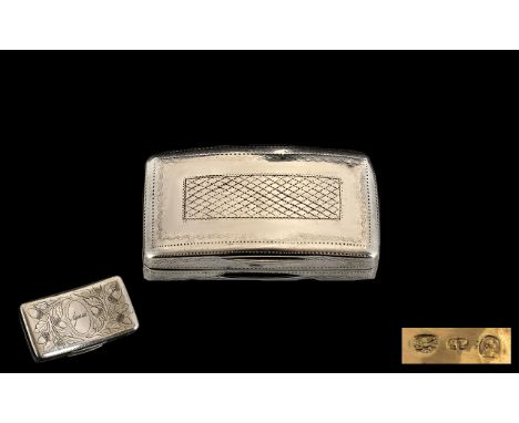 George III Silver Hinged Snuff Box with Gilt Interior of Good Form. Hallmark Birmingham 1811, Maker S.P ( Samuel Pemberton ) 