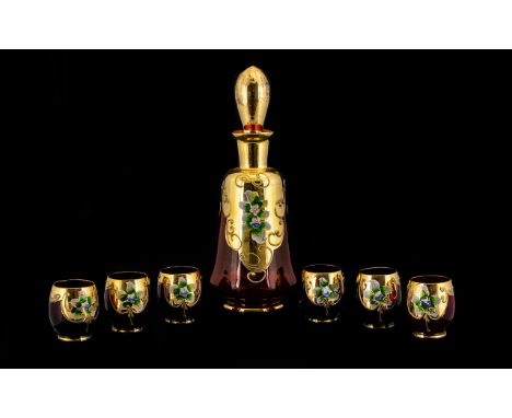 Murano - Venetian Glass Decanter Set with Decanted and Six Drinking Glasses. Wonderful Colours Overlaid In 24ct Gold. c.1970'