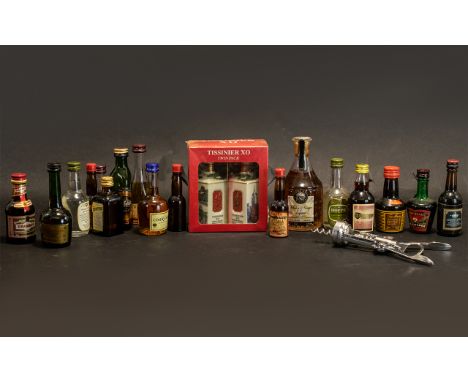 Box of Miniature Bottles of Spirits comprising Cognac, Drambuie, Courvoisier, Glenfiddich, Cherry Cordial, Tia Maria, Hoppe, 