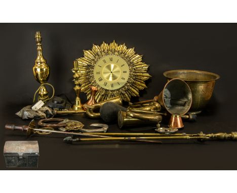 A Metal Trunk containing a quantity of Brass and Copper Ware. To include brass bugles, horns, lamps, candlesticks, star burst