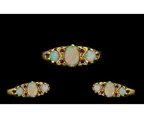 Antique Period Pleasing 9ct Gold Opal and Ruby Set Dress Ring, Gallery Setting. Fully Hallmarked for 9ct. Ring Size - P. All 