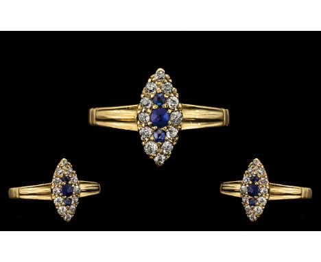 Antique Period Attractive 18ct Gold Marquise Shaped Sapphire &amp; Diamond Set Dress Ring.  Marked 18ct.  Hallmark Birmingham