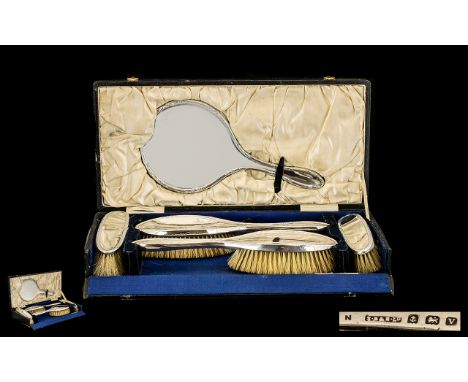 Ladies Boxed Sterling Silver Six Piece Vanity Set. Comprises Brushes, Hand Mirror and Comb. All Fully Hallmarked for Silver. 