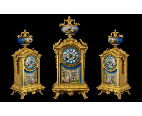 French Louis XIV Style Gilt Metal &amp; Porcelain Mantel Clock Late 19thC. Sevres Style Porcelain Face With A Roman Numeral D