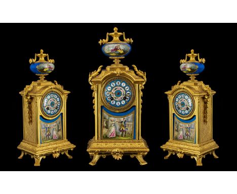 French Louis XIV Style Gilt Metal &amp; Porcelain Mantel Clock Late 19thC. Sevres Style Porcelain Face With A Roman Numeral D