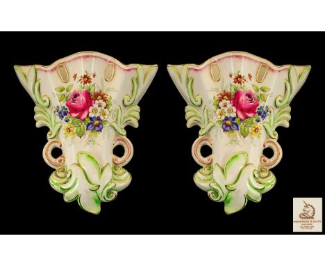 Two Vintage Wedgwood Ceramic Wall Sconces with floral decoration and gilt trim.  In good condition, please see images.