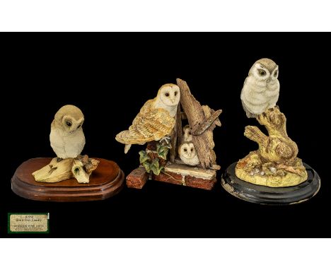 Collection of Border Fine Arts &amp; Teviotdale Ceramic Bird Figures. Comprising a mother owl and chicks, an owl on a tree, a
