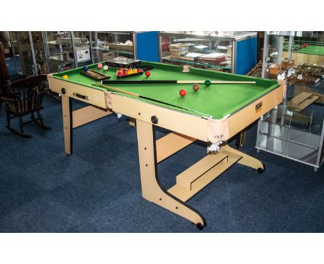 A J and R Table Sports Snooker and Pool Table, Includes 2 cues, triangles and scoring board. In excellent condition. Folds fo