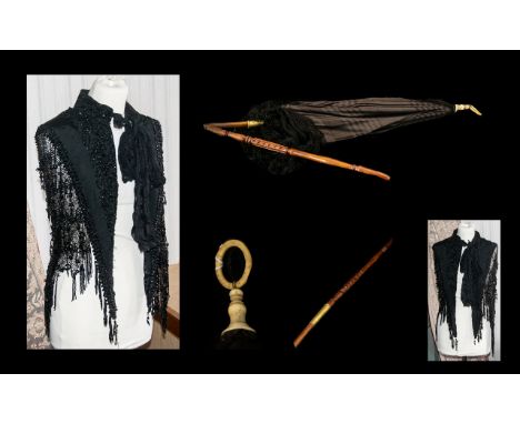 Antique Victorian Parasol &amp; Shawl.  Lovely vintage parasol in black silk with fringing, folding wooden handle with brass 