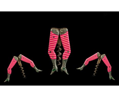 Antique Period Interesting German Late 19th - Century White Metal and Enamel Ladies Pink Striped Legs Novelty Corkscrew. c.18