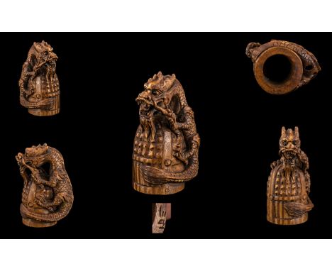 Japanese - Superb Quality Signed Carved Boxwood Netsuke Early Meiji Period - Depicts a Large Female Dragon atop a Large Decor