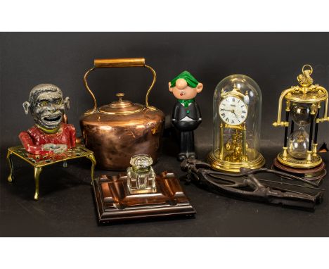 Boxed of Mixed Vintage Collectibles including a vintage inkwell with a wooden base raised on four ball feet, and a glass ink 