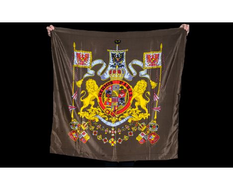 Vintage Hermes of Paris Scarf.  Mint condition, hand rolled edges.  Heraldic style design.  34'' square.  Dark brown ground w