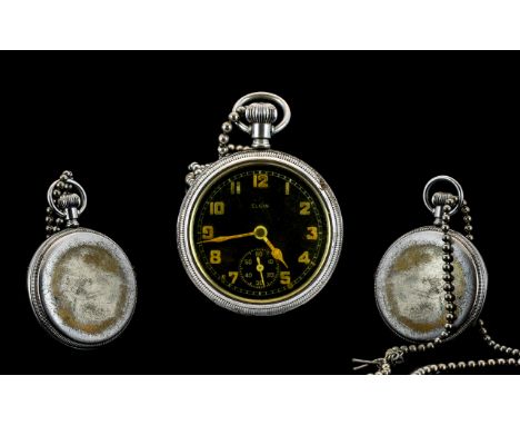 Elgin - World War II Military Pocket Watch with Black Dial, Luminous Hands and Numerals, Screw Down Nickel Case Back, Lever E
