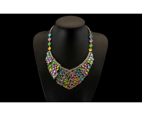 Multicolour Crystal Bib Necklace, articulated panels set with green, pink, yellow and turquoise colour cabochons interspersed