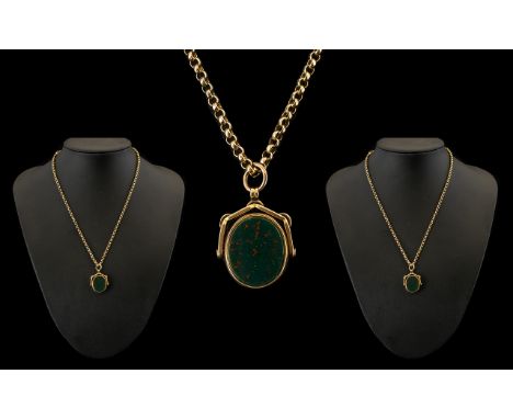 Antique Period 9ct Gold Swivel Fob Set with Bloodstone / Carnelian with Attached 9ct Gold Belcher Chain. Both Chain and Fob M
