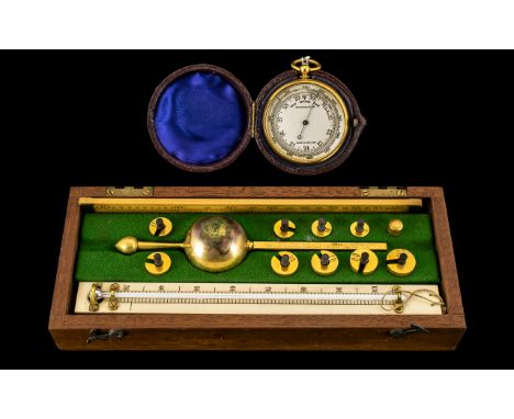 Early 20thC Compensated Pocket Barometer Gilt Metal Case Original Outer Leather Case, Unmarked. Together With A Sykes Hydrome