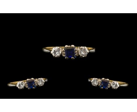 18ct Gold - Attractive 3 Stone Sapphire and Diamond Dress Ring, Marked 18ct and Platinum. Ring Size - N. The Two Round Diamon