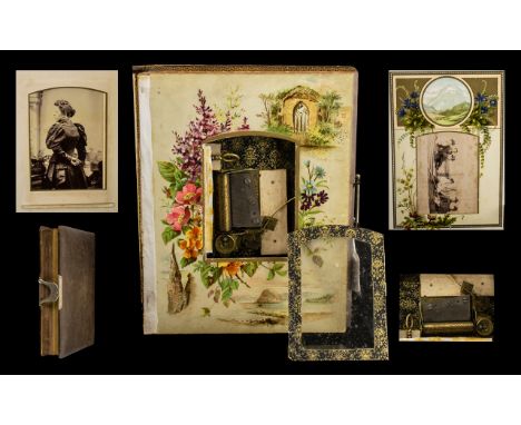 Victorian Musical Carte De Visite Album Containing A Small Amount Of Mostly Portrait Cards, Leather Bound, Tune Playing But N