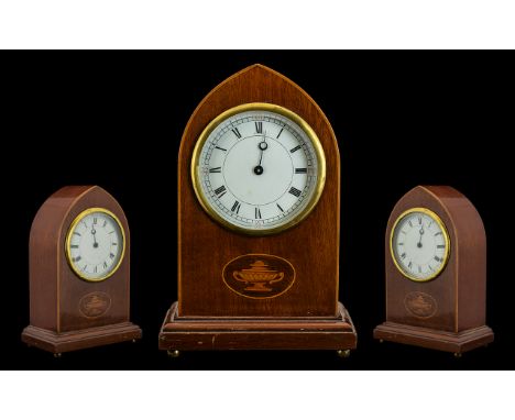 Edwardian Period Mantel Clock - Swiss made and nice quality mahogany cased bishops hat shaped mantel clock with string bandlo