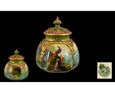 Royal Worcester Hand painted Lidded Pot-Pourri Panoramic views 'Pheasants in a Woodland Setting'.  Signed Watkins, dated 1912