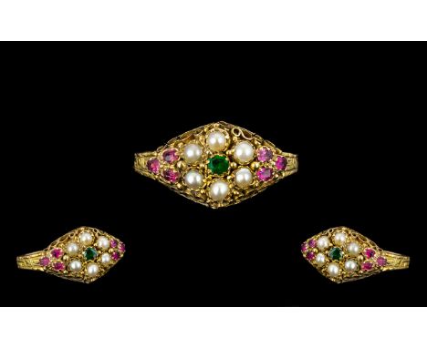 Antique Period - Attractive Seed Pearl and Ruby Ornate Set Dress Ring. The Setting and Shank of Excellent Quality , in the su