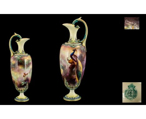 Royal Worcester Nice Quality Hand Painted Ewer of Impressive Form.  Peacock and Peahen panoramic view, extends all round the 