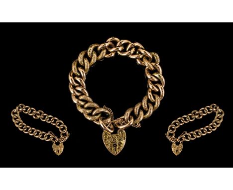 Edwardian Period Superb Quality 9ct Gold Curb Bracelet with Ornate Heart Shaped Padlock and Safety Chain, All the Links with 