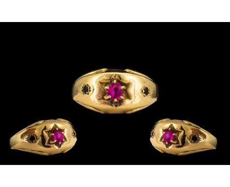 9ct Gold - Attractive 3 Stone Ruby Set Dress Ring. Star-burst Setting, Hallmark Birmingham 1962, Ring Size - S. All Aspects o