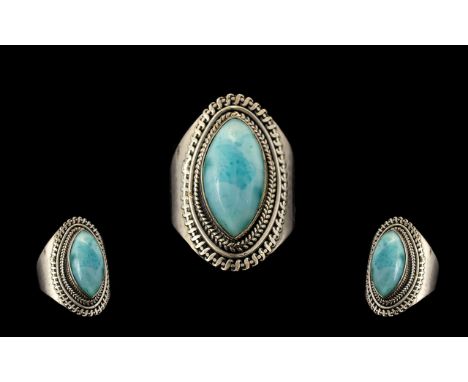 Ladies Fashion - Silver Set Single Stone Blue Ice Larimar Set Dress Ring.  Excellent design, marked silver.  Ring size O.  As