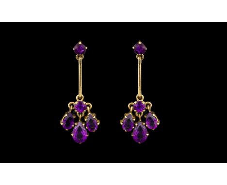 Antique Period Pair of Attractive 9ct Gold Amethyst Set Drop Earrings in a Flower head Design. The Amethyst of Excellent Colo