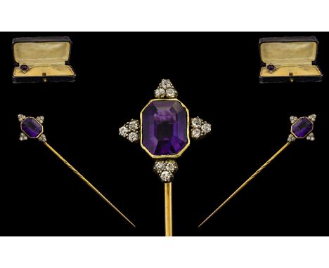 Victorian Period Nice Quality Gold Stick Pin Set with a Single Amethyst, Surrounded by Old Cut Diamonds of Good Sparkle, The 