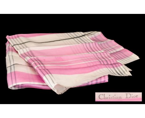 Vintage Christian Dior Silk Scarf in pink and white geometric design, measures 106 x 43 cm.  Logo to one edge, short fringing