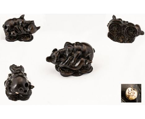 Fine Quality Japanese 19th Century Edo Period Carved Netsuke of Humours Nature, Depicts - Two Little Pigs Playing, Signed to 