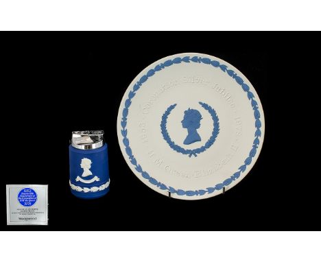 Wedgwood Blue Jasper Silver Jubilee Coronation Plate H.M. Queen Elizabeth II 1953-1978; also includes a Royal Blue Jasper Tab