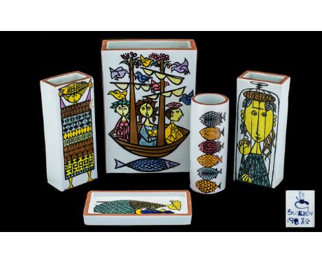 Collection of Swedish Karneval Pottery by Gustavsberg designed by Stig Lindberg comprising: tall oblong vase/pot handpainted 