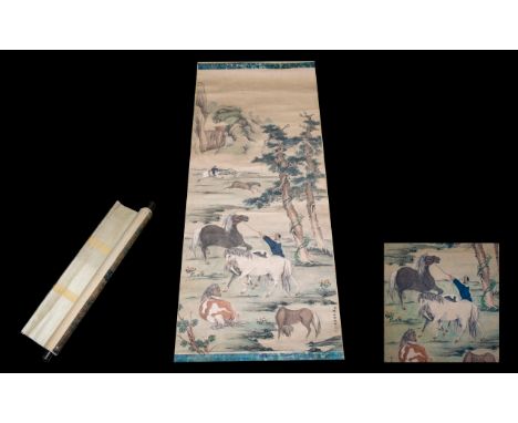19th/Early 20thC Chinese Scroll the painted landscape depicting horses and rearers, character scrolls to painting and outer s