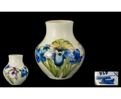 William Moorcroft Signed Bulbous Shaped Salt Glaze White Orchids Vase with Painted Enamel Images of Multi Coloured Orchids on