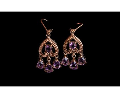 Rose de France Triple Drop Pendant Earrings, each stylish earring comprising three pear cut Rose de France amethyst drops sus