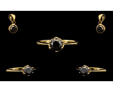 9 ct Yellow Gold Black Diamond Single Stone Ring - Round Diamond weight 0.923 cts set in a claw setting. Ring size (N) togeth