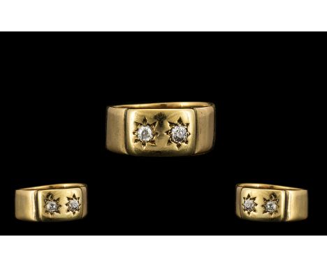 Edwardian Period 9ct Gold Two Stone Diamond Set Wedding Band Ring. Hallmark Chester 1909, The Two Pave Set Diamonds of Good S