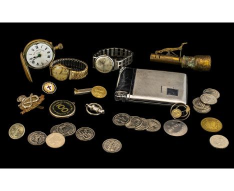 A Mixed Lot of Oddments to include a Smiths Astral wristwatch an Everite wristwatch, a full Hunter pocket watch, a brass moun