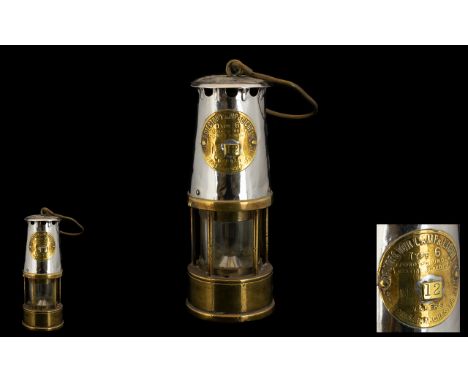 Antique Miner's Brass &amp; Glass Oil Lamp by Protector Lamp &amp; Lighting. Type No. 12, Eccles, Manchester.  Please see acc