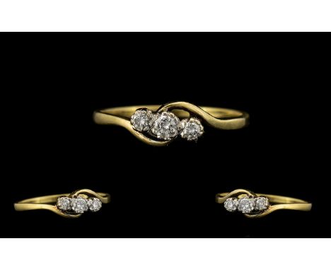 18ct Gold - Attractive 3 Stone Diamond Ring, Fully Hallmarked for 18ct. The Old Round Cut Diamonds of Good Colour / Clarity a